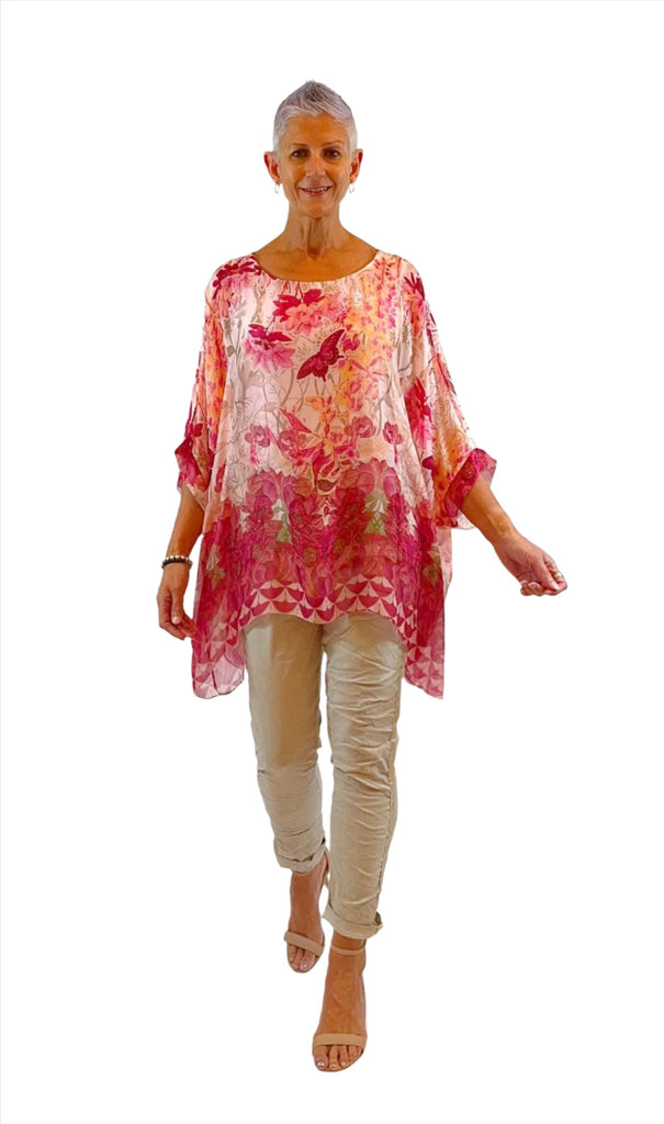 Silk Kaftan Top Pink Print Tops La Strada M(10-12)  