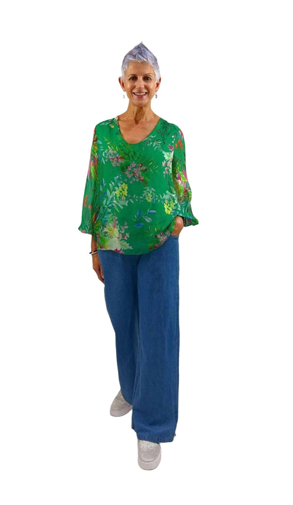 Pricilla Silk Top Green Print Tops La Strada S  