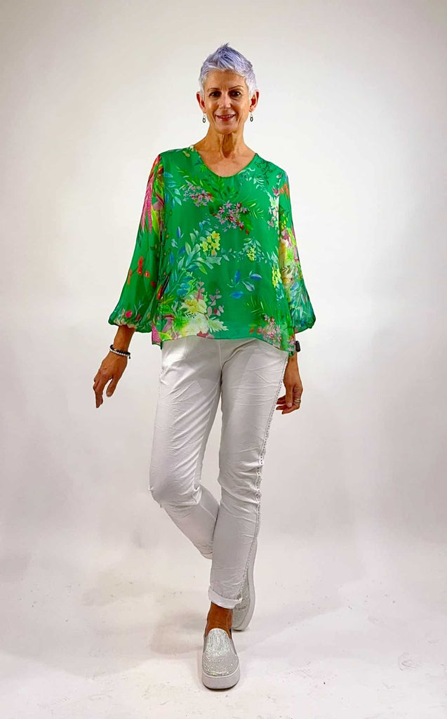 Pricilla Silk Top Green Print Tops La Strada   