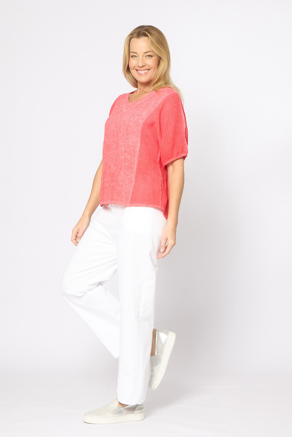 Mesh Panel Sides Elastic Cuff V-neck Short Sleeve Top Flame Red Tops La Strada