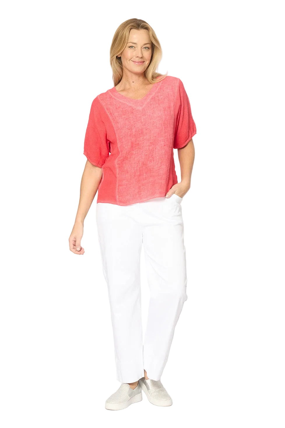 Mesh Panel Sides Elastic Cuff V-neck Short Sleeve Top Flame Red Tops La Strada S(8-10)