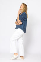 Mesh Panel Short Sleeve Top Navy Tops La Strada