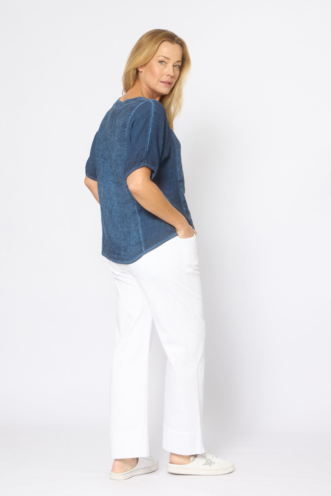 Mesh Panel Short Sleeve Top Navy Tops La Strada