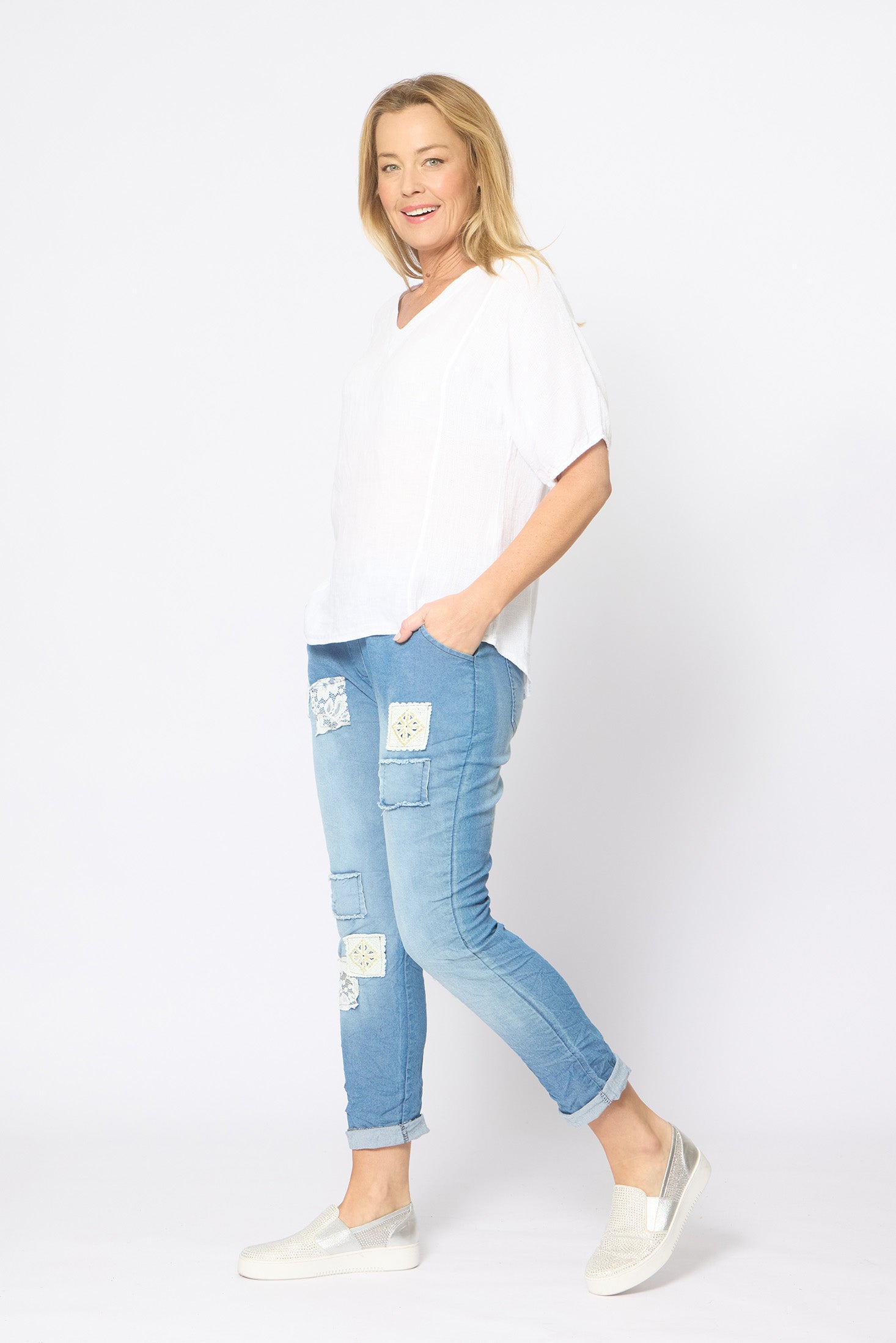 Mesh Panel Short Sleeve Top White Tops La Strada