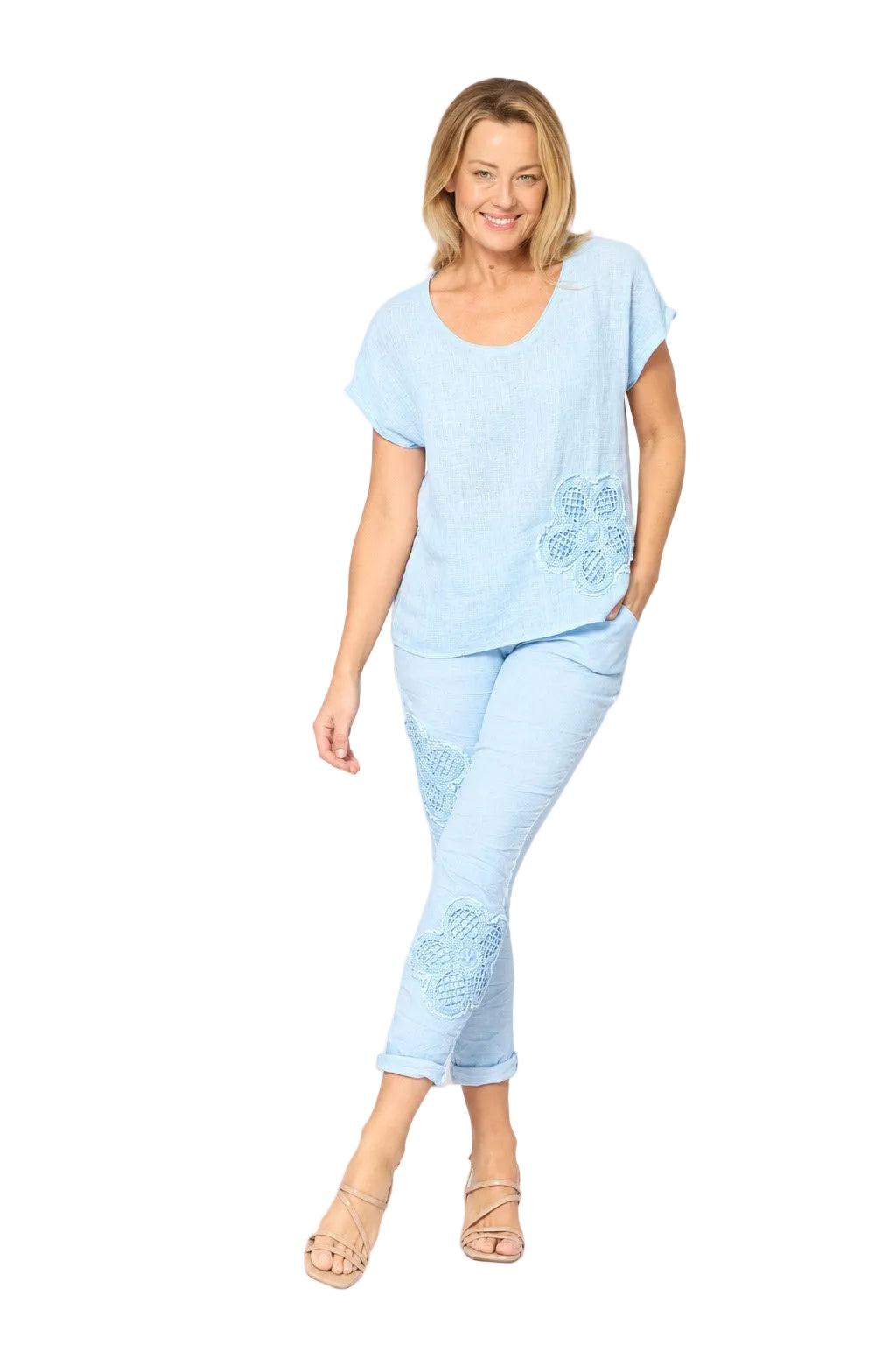 Applique Flower Pants Sky Blue Bottoms La Strada S(8-10)