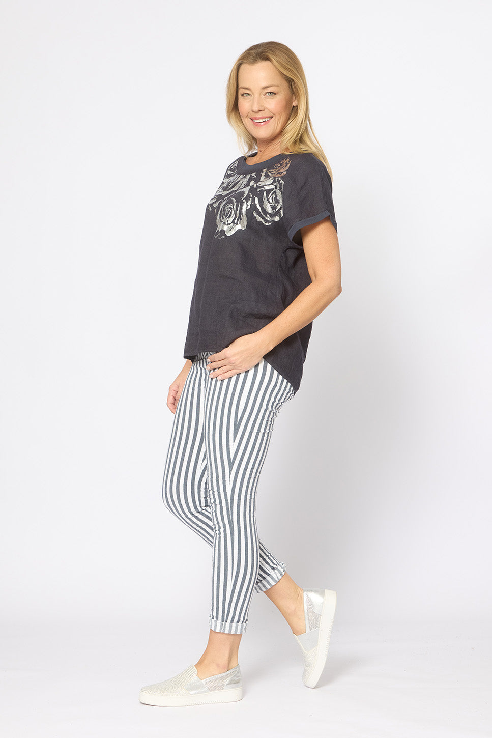 Foil Flower Decoration Top Navy Tops La Strada
