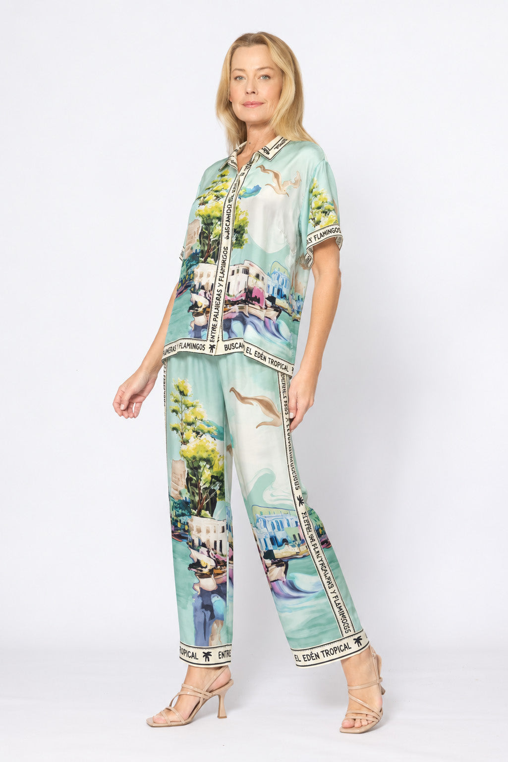 Viscose Letter Trim Shirt Aqua Print - Global Free Style