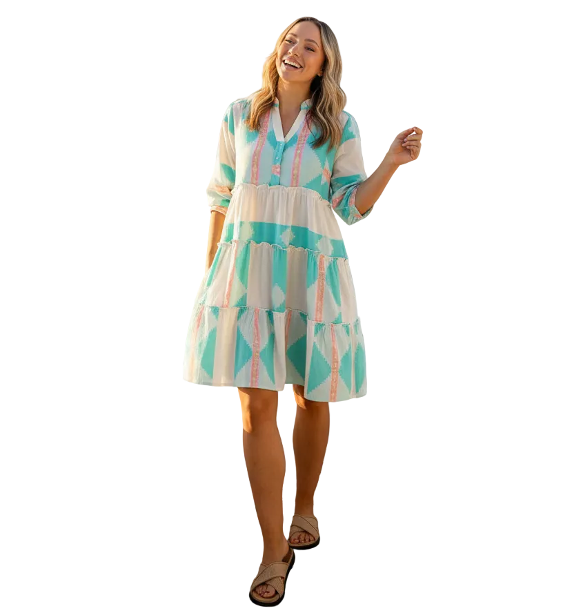 Mediterranean Dress Jacquard Teal Pink Dresses Joops and Gypsy S(8)