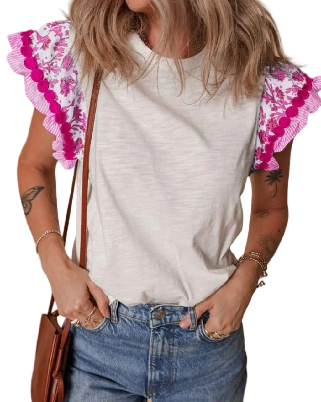 Round Neck Embroidered Ruffle Sleeves Top Pink Tops Mutig S(8)