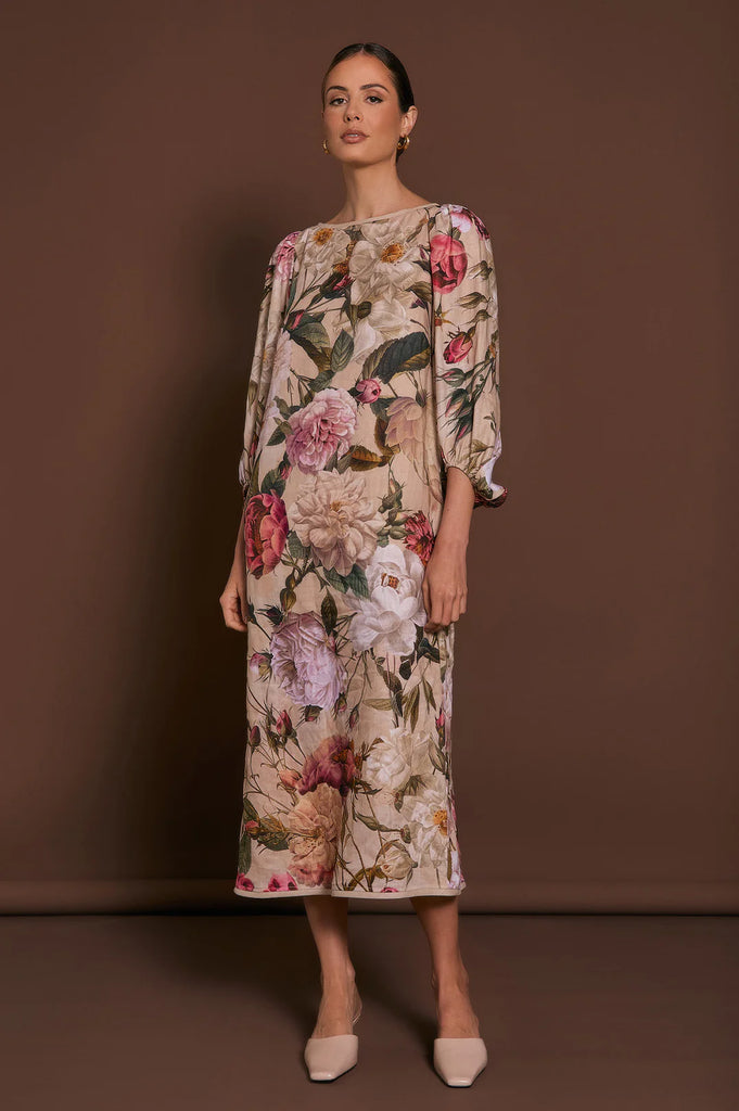 Marion Linen Floral Midi Dress (Floral) Dresses Adorne
