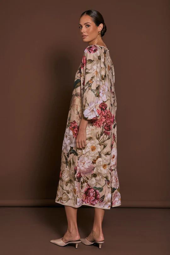 Marion Linen Floral Midi Dress (Floral) Dresses Adorne