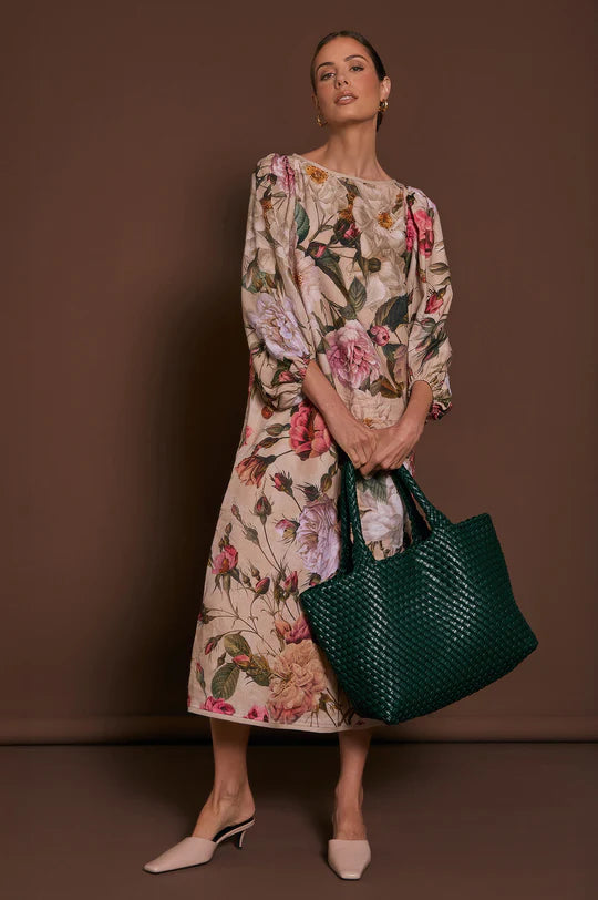 Marion Linen Floral Midi Dress (Floral) Dresses Adorne