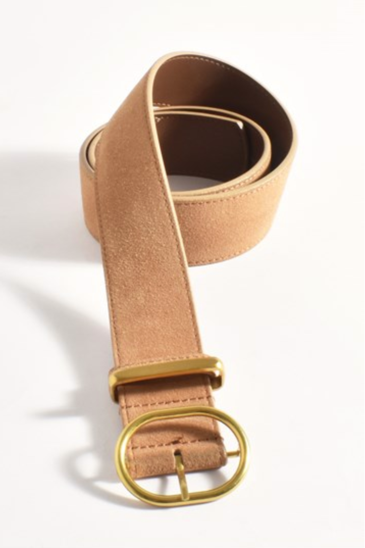 Metal Oval Buckle Suede Belt Camel Belts Adorne