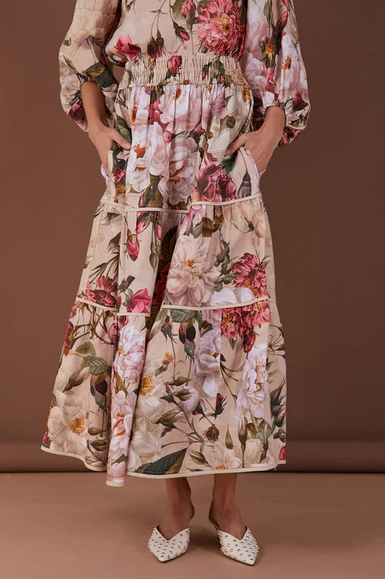 Morgan Tiered Linen Floral Skirt (Floral) Skirts Adorne