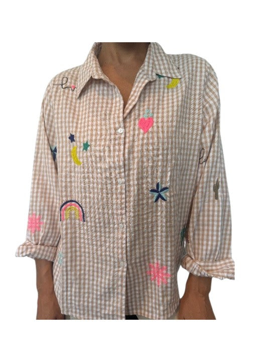 Beige check Icon embroidery shirt Tops Zoda
