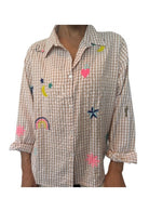 Beige check Icon embroidery shirt Tops Zoda