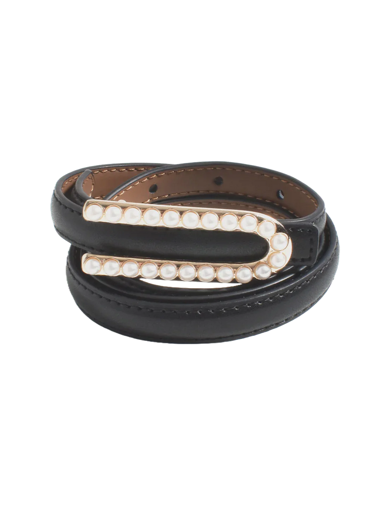 Pearl Buckle Thin Belt Black Belts Adorne