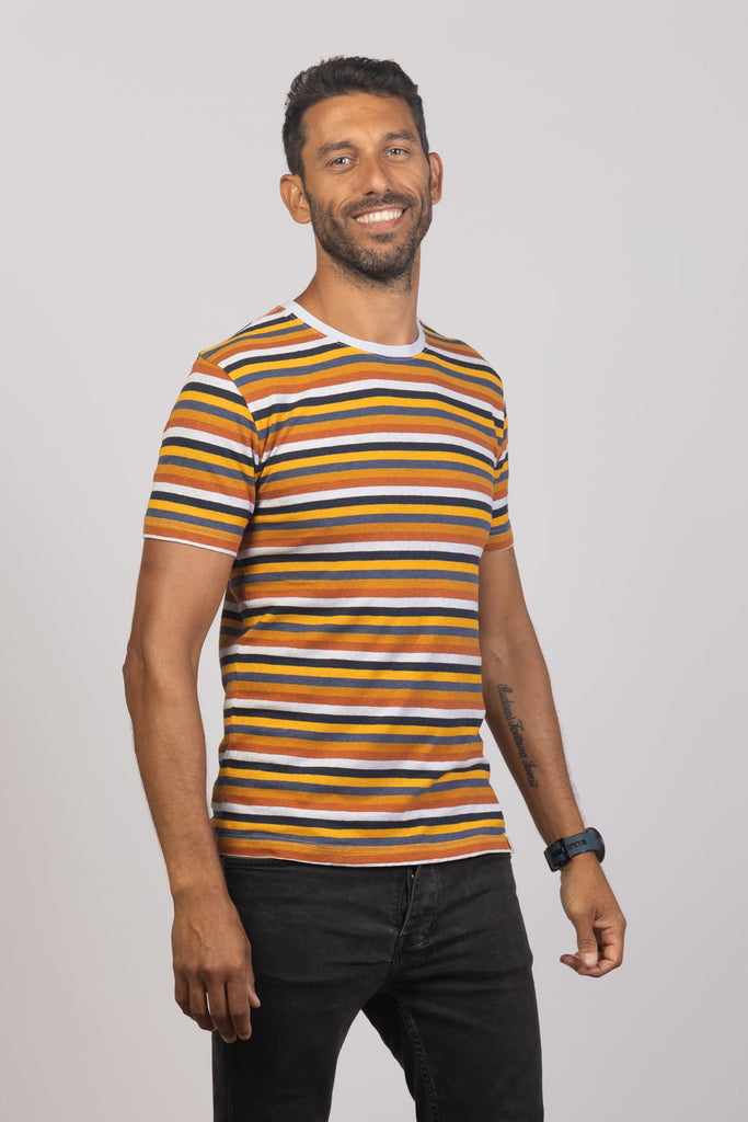 Navy Rust Stripe Hemp Mens T-Shirt Mens Tops Skumi   