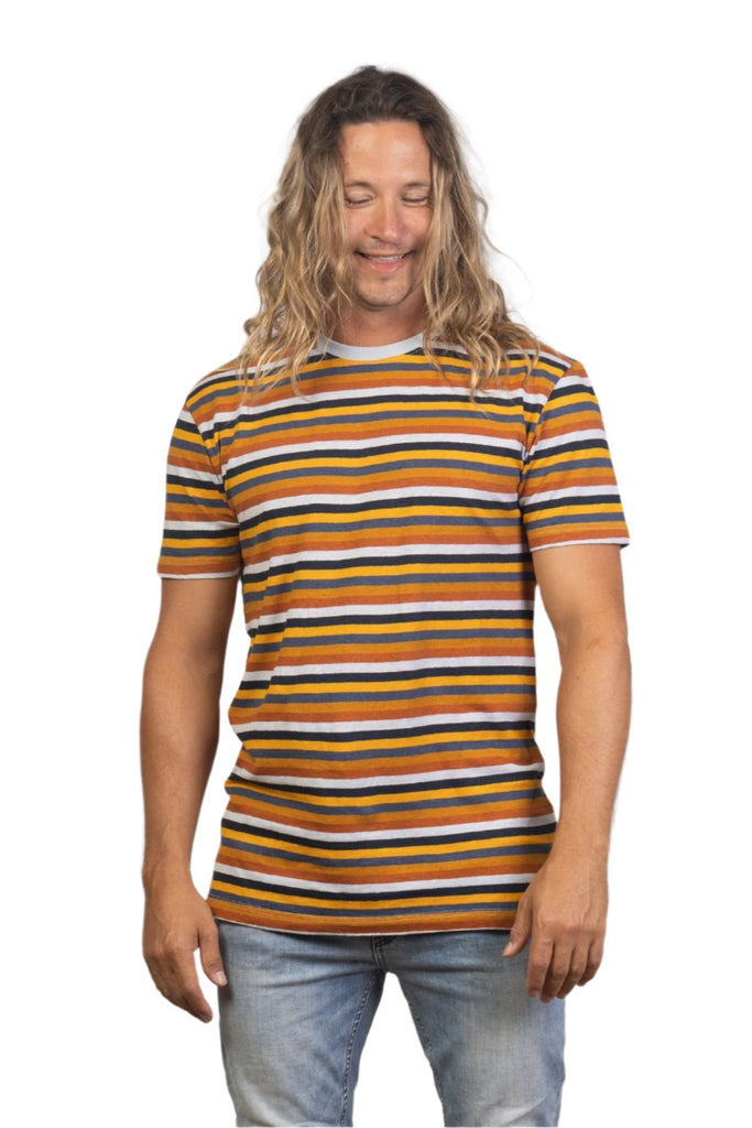 Navy Rust Stripe Hemp Mens T-Shirt Mens Tops Skumi XS  