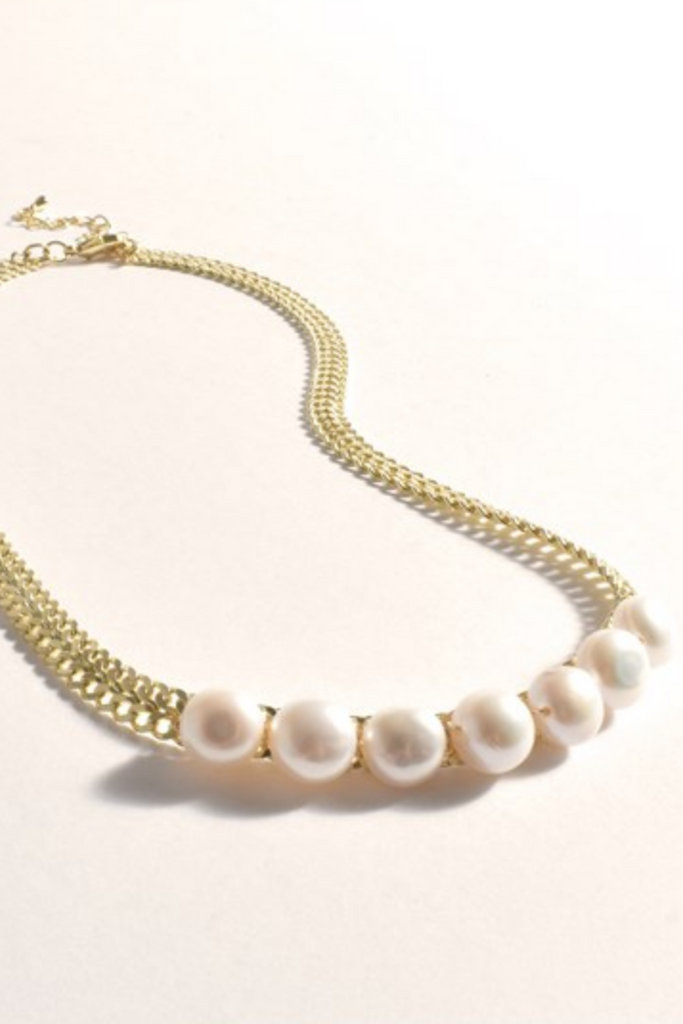 Patterned Chain Pearl Front Necklace Cream/Gold Necklaces Adorne   