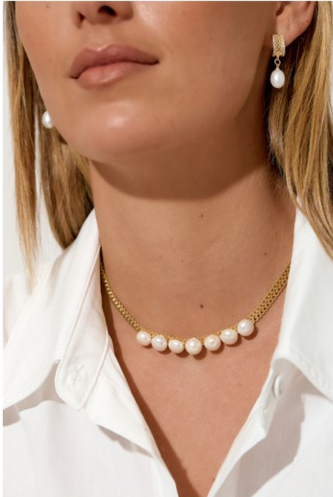 Patterned Chain Pearl Front Necklace Cream/Gold Necklaces Adorne   