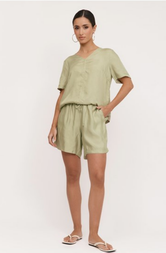 April Cupro Drawstring Short Sage Green Bottoms Adorne   