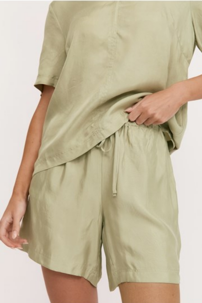 April Cupro Drawstring Short Sage Green Bottoms Adorne   