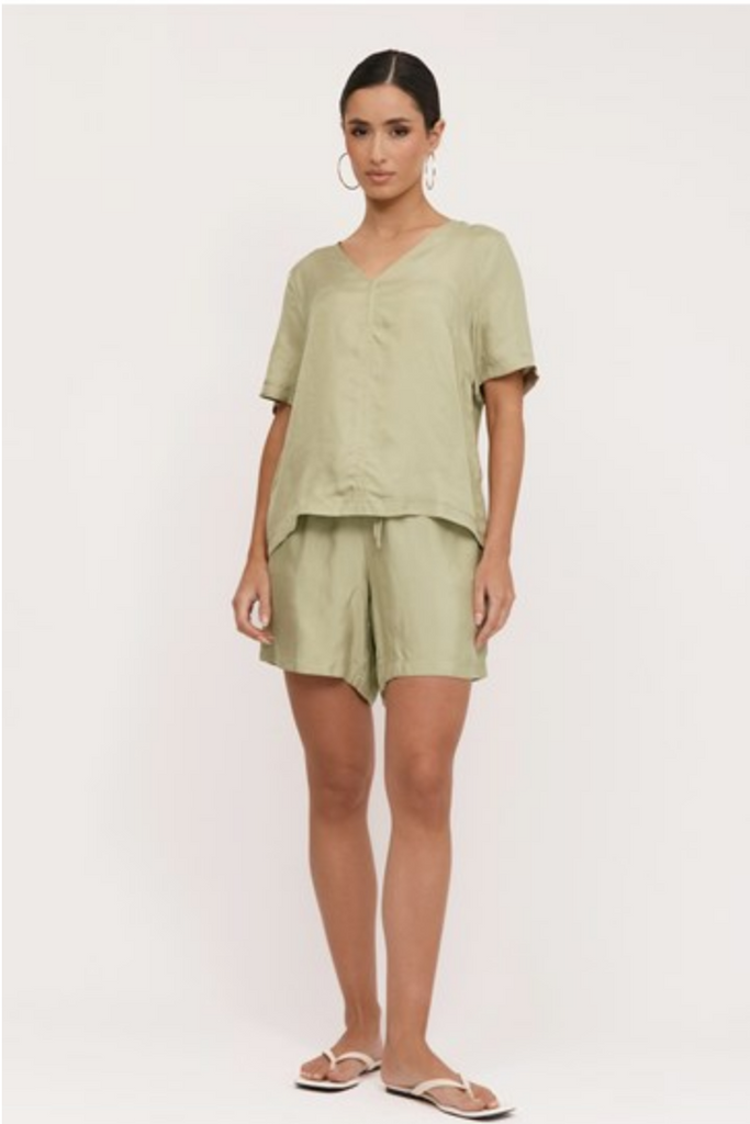 April Cupro Drawstring Short Sage Green Bottoms Adorne   