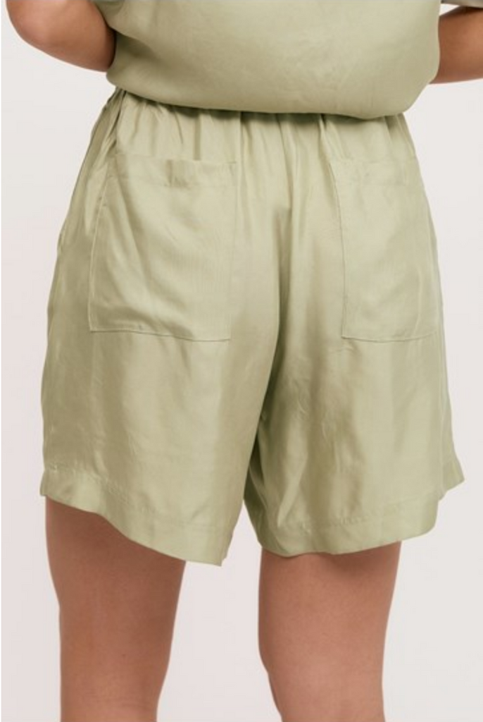 April Cupro Drawstring Short Sage Green Bottoms Adorne   