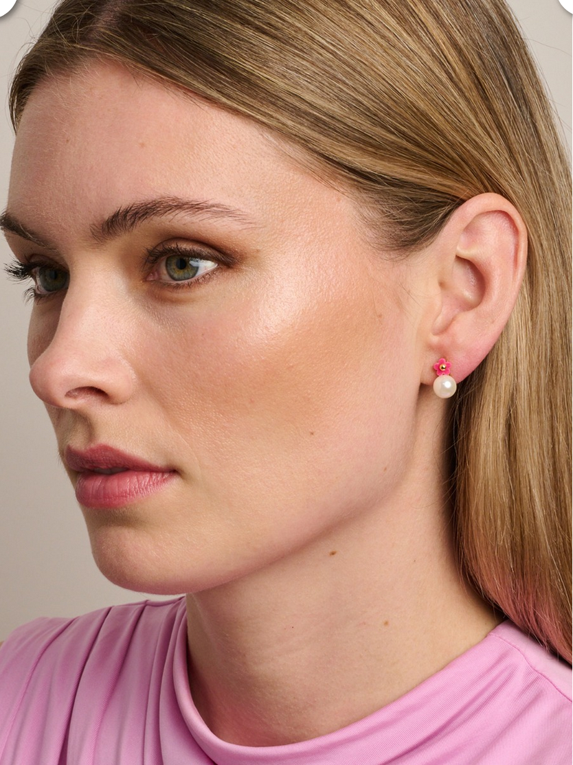 Pink Daisy Top Pearl Earrings Earrings Tiger Tree