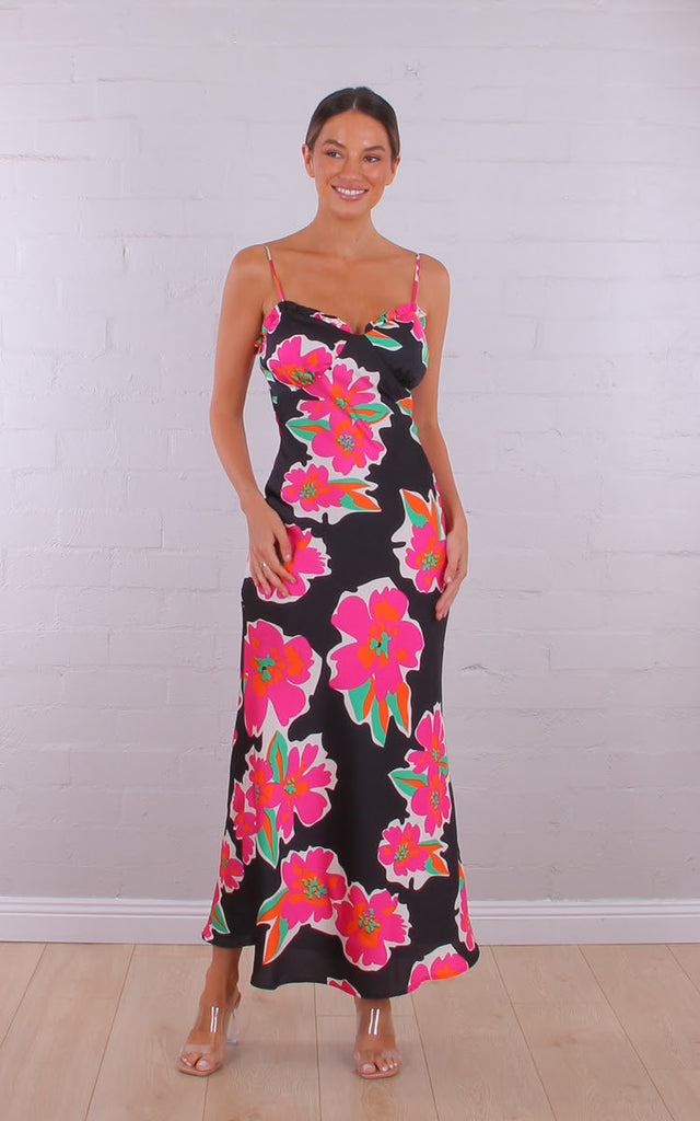 Silky Maxi Dress Black and Tangerine - Global Free Style