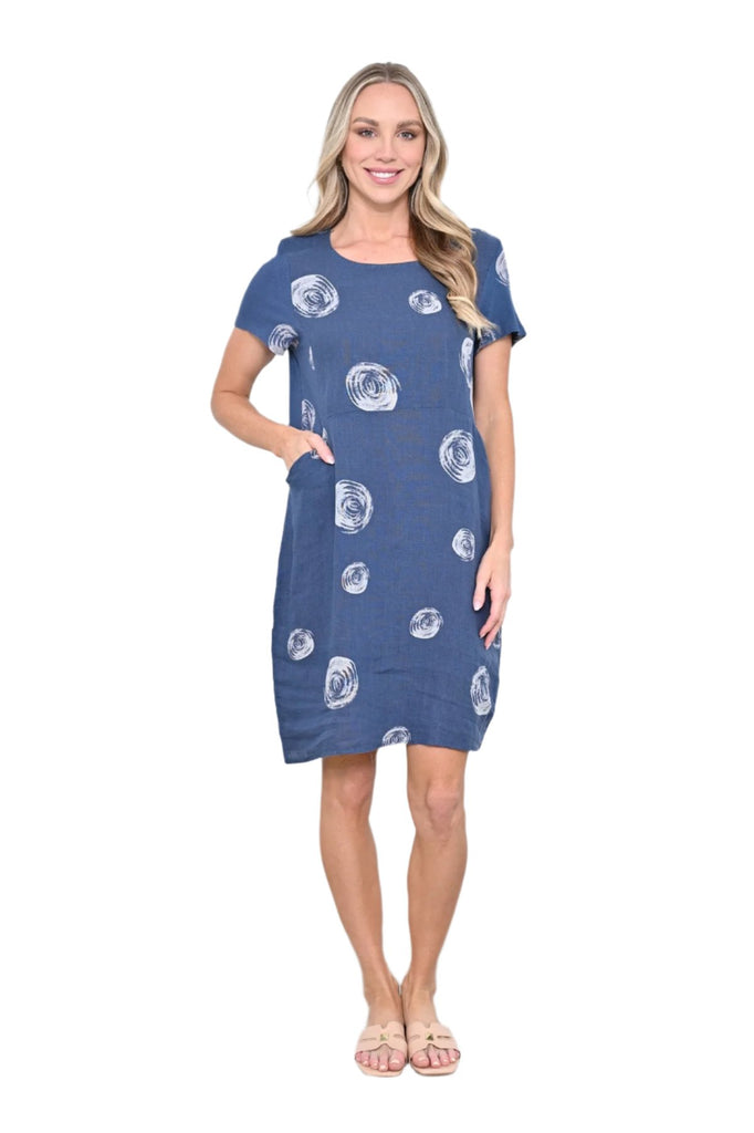 Swirl Print Dress Linen Moonlight Blue Dresses Cali & Co S/M(8-10)  