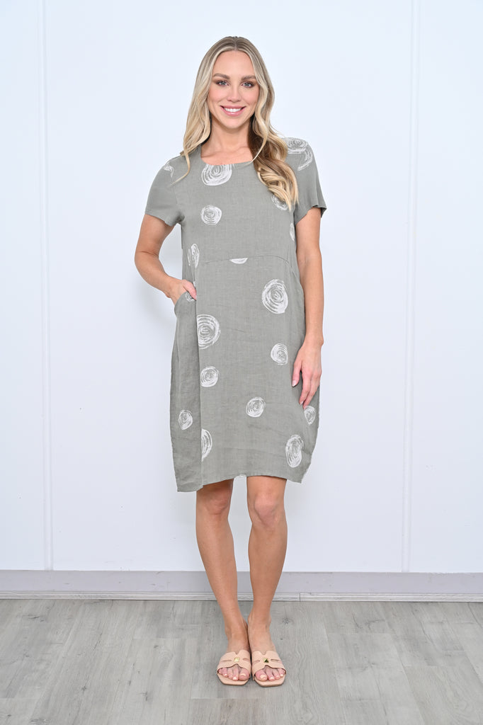 Swirl Print Dress Linen Khaki Dresses Cali & Co   