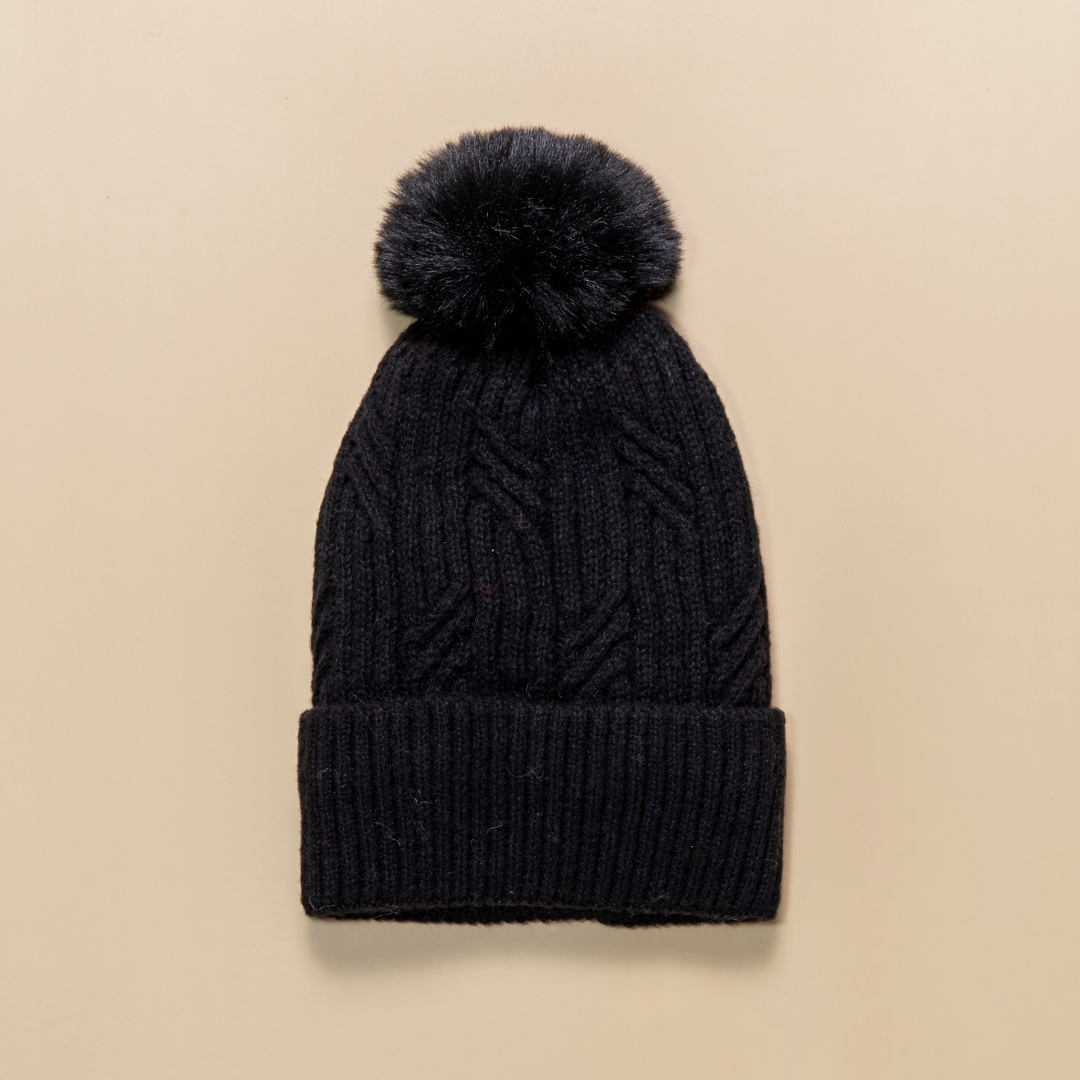 Braided Twist Pompom Beanie Black Hats & Millinery Taylor Hill