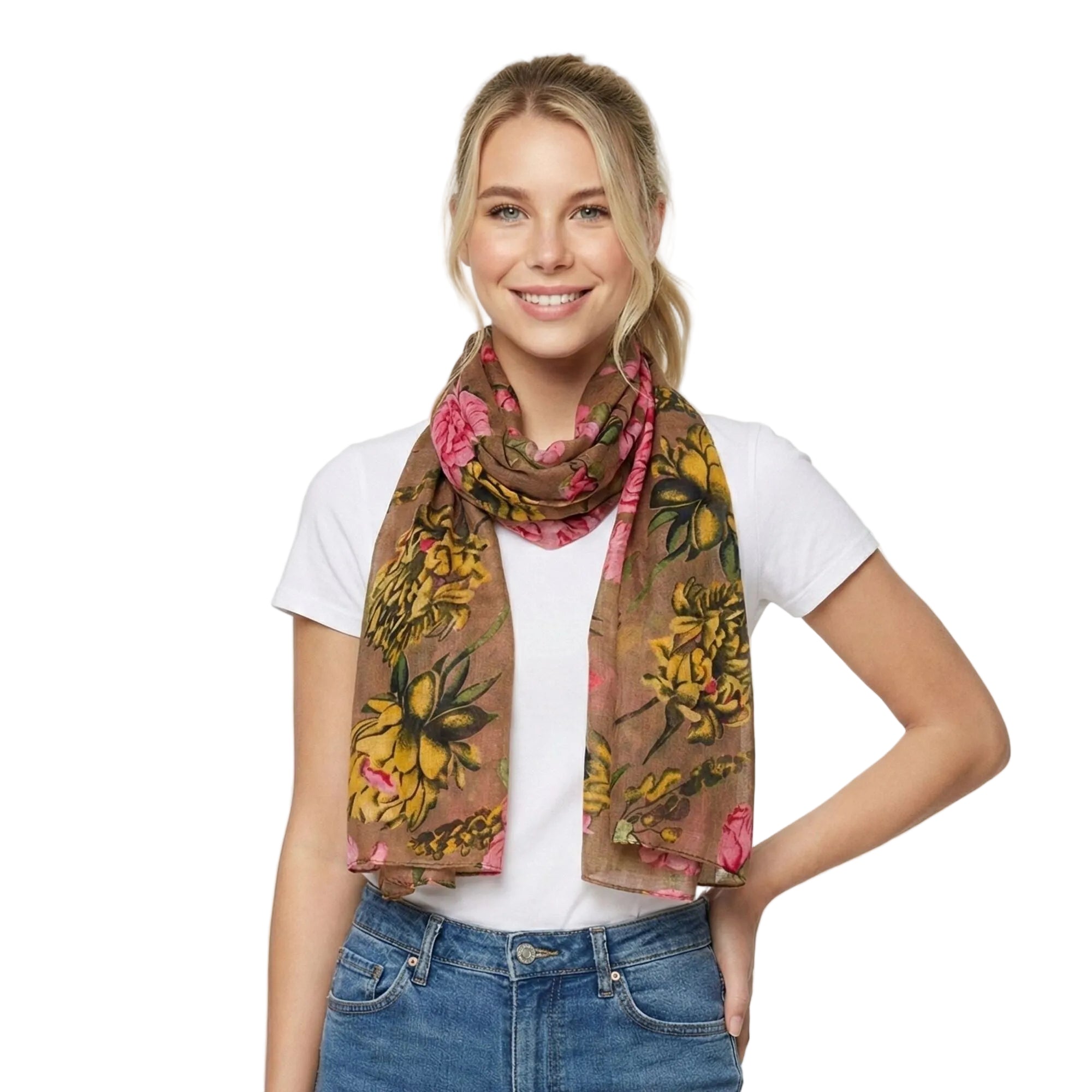 Peony Rose Garden Scarf Brown Scarves and Sarongs Taylor Hill