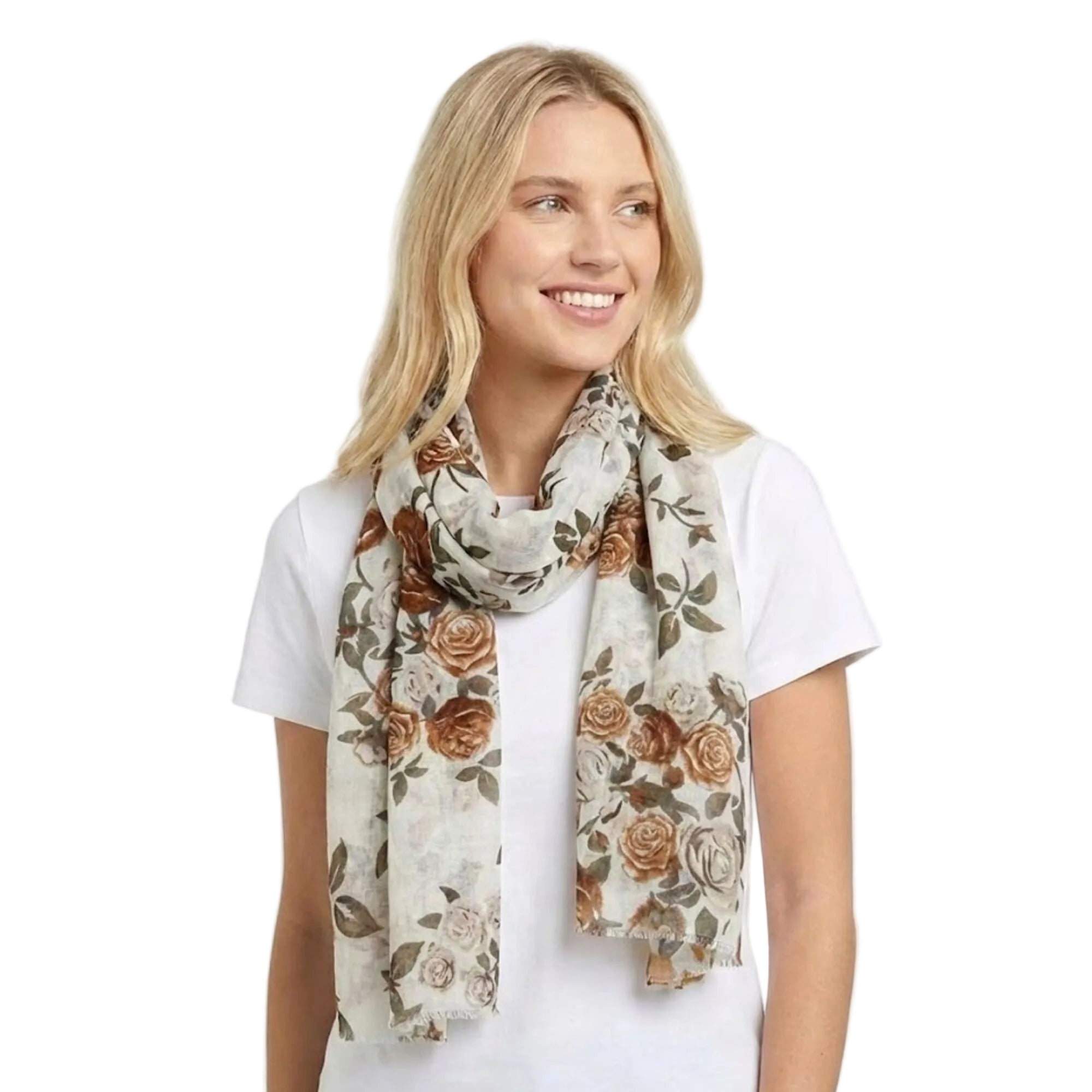 Vintage Rose Garden Scarf White Brown Scarves and Sarongs Taylor Hill