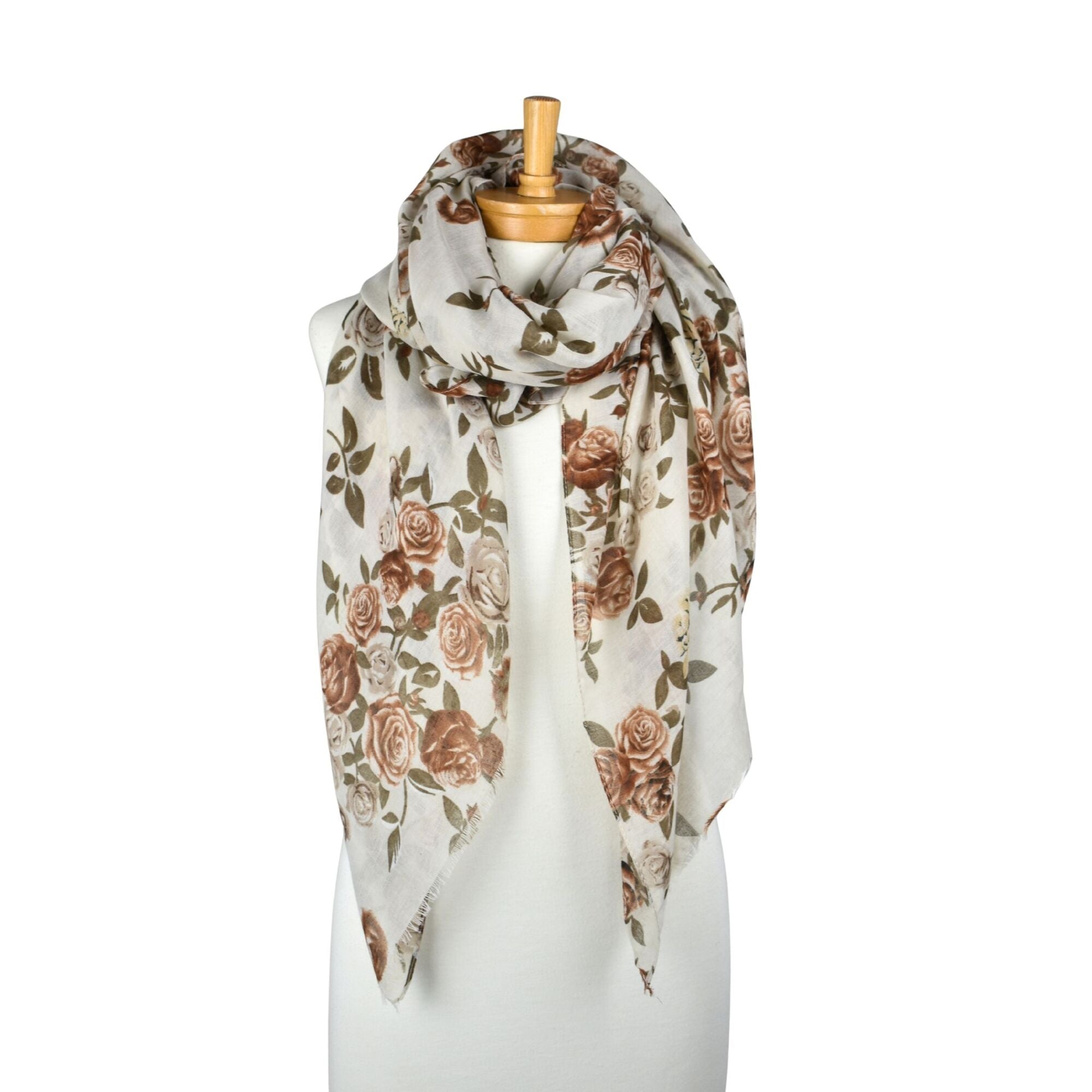 Vintage Rose Garden Scarf White Brown Scarves and Sarongs Taylor Hill