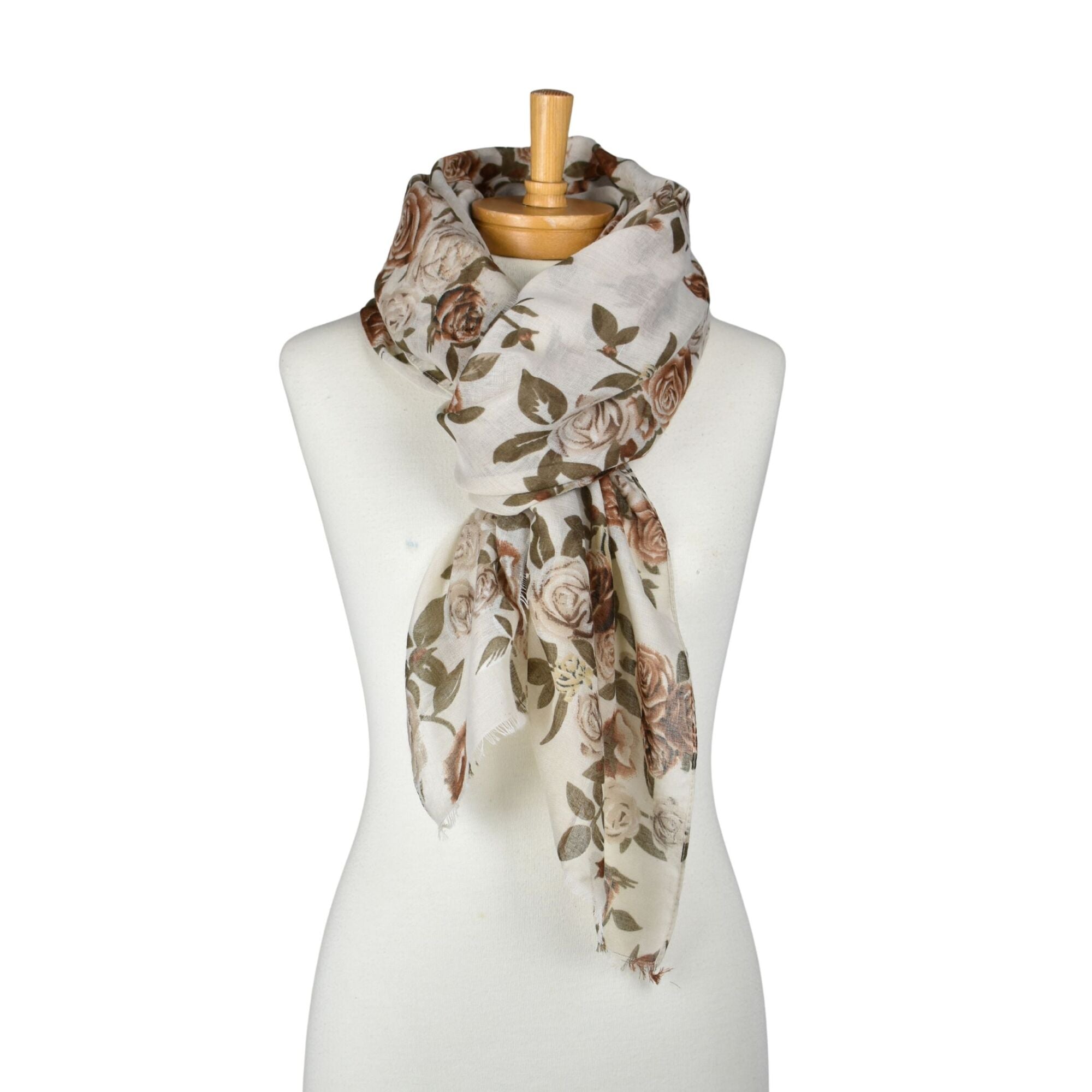 Vintage Rose Garden Scarf White Brown Scarves and Sarongs Taylor Hill