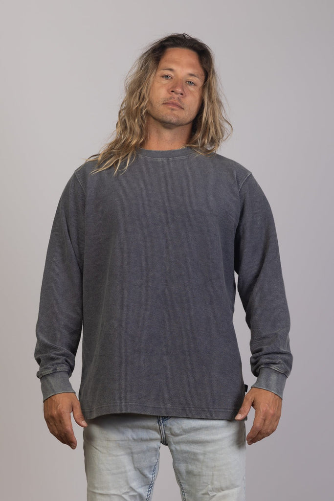Dark Slate Blue French Terry Ribbed Sweater - Global Free Style