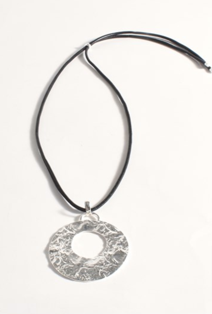 Textured Metal Adjustable Pendant Necklace (Silver) Black/Silver Necklaces Adorne