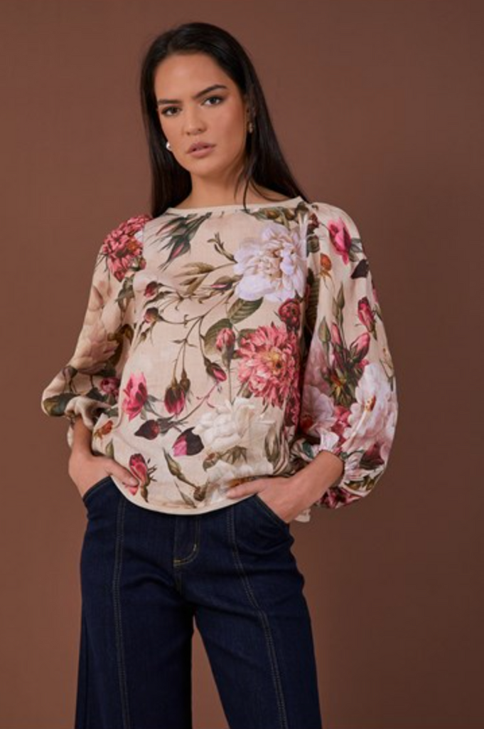 Marion Linen Floral Top Print Tops Adorne