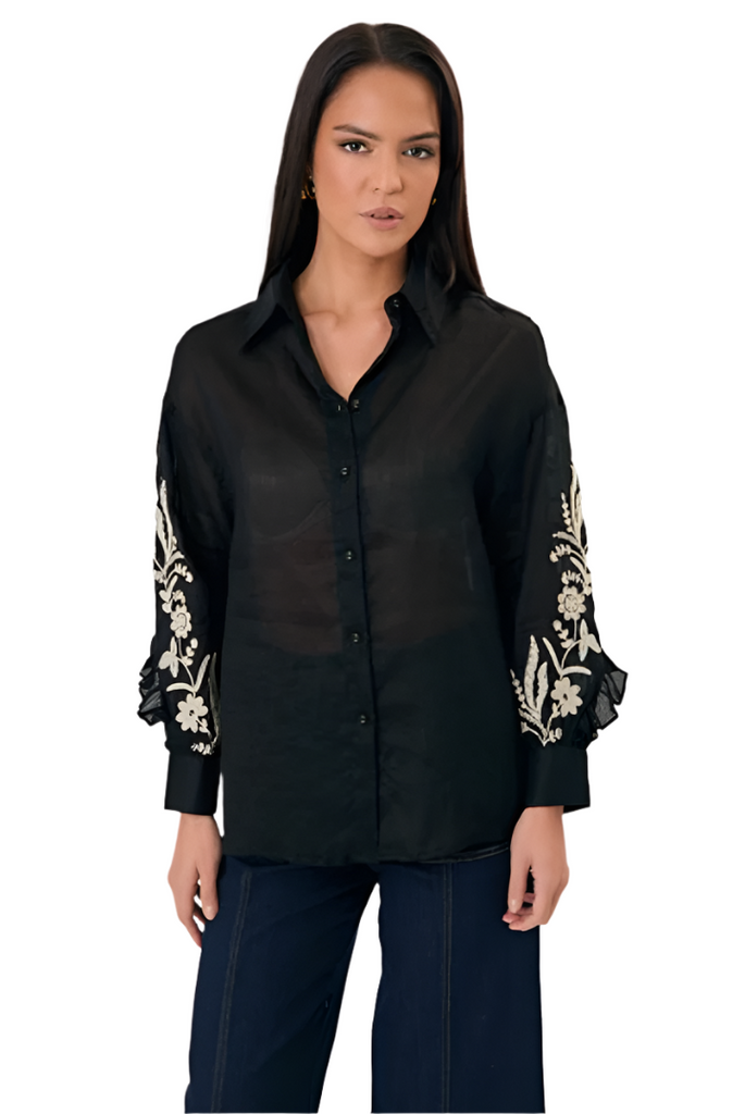 Wanda Embroidered Ramie Shirt Black Tops Adorne S(8)