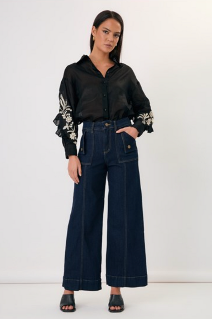 Wanda Embroidered Ramie Shirt Black Tops Adorne
