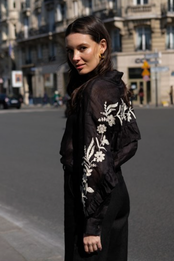 Wanda Embroidered Ramie Shirt Black Tops Adorne