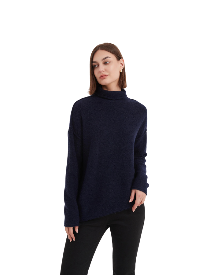 Exposed Seam Funnel Neck Knit Navy - Global Free Style