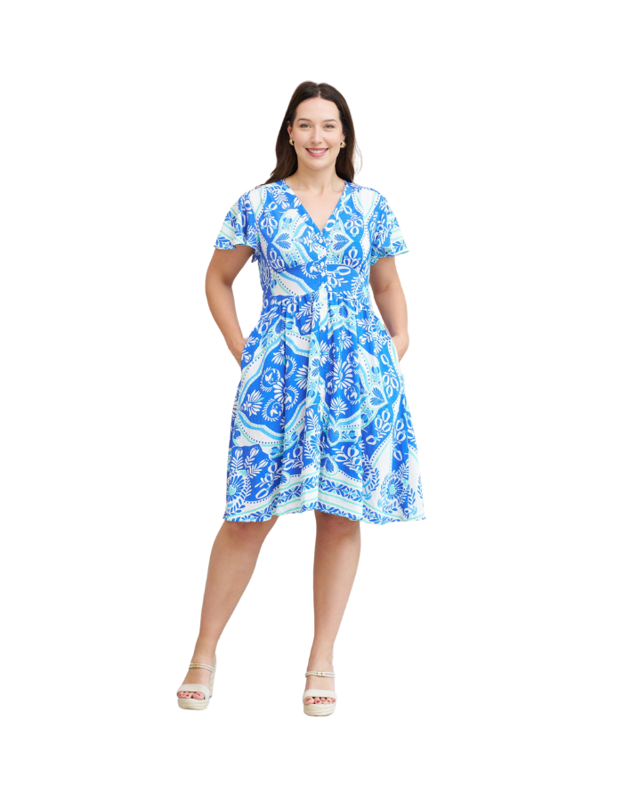 Solara Dress White Blue Print Dresses Boho S(8-10)  