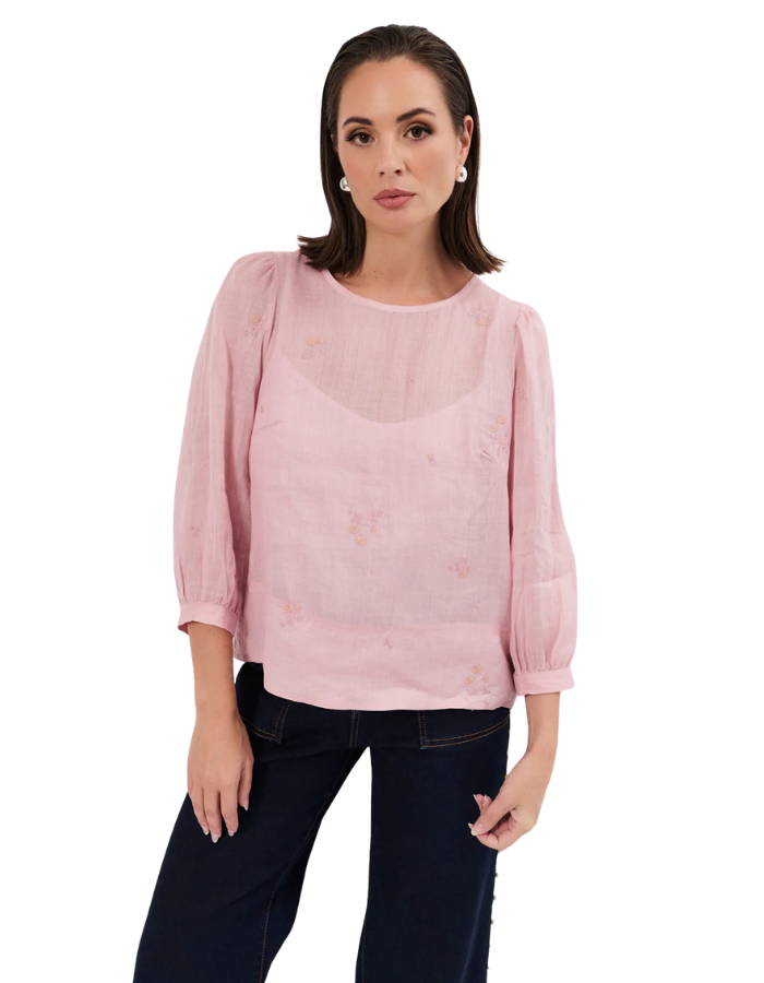 Hannah Embroidered Ramie Top Pink Tops Adorne S(8)