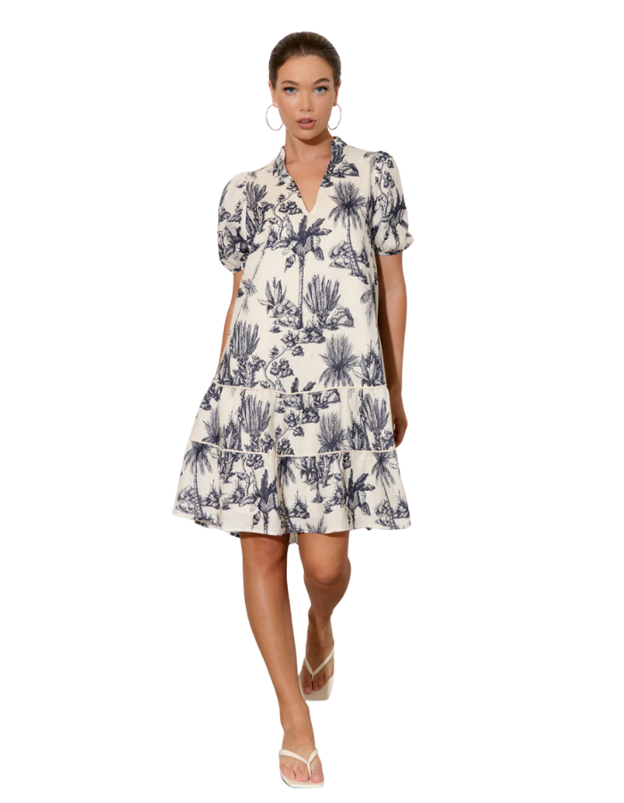 Mara Linen Toile Print Short Dress Print Dresses Adorne 8  