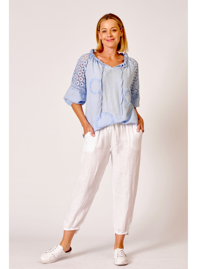 Embroided  Linen Top Celeste Blue - Global Free Style