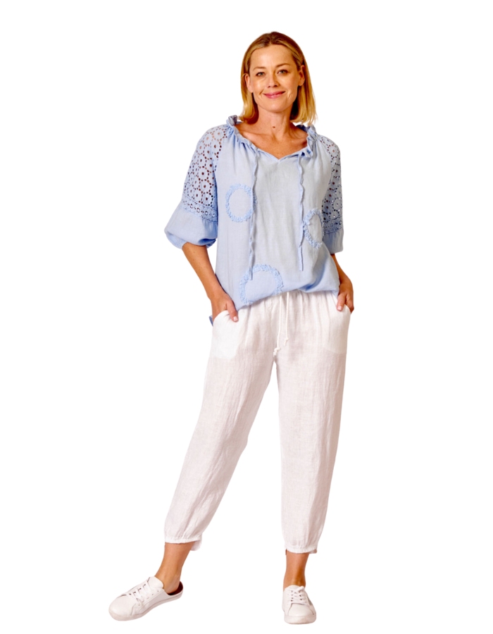Embroided  Linen Top Celeste Blue - Global Free Style